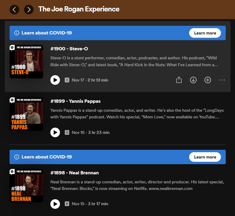 Content warnings of Joe Rogan Experience